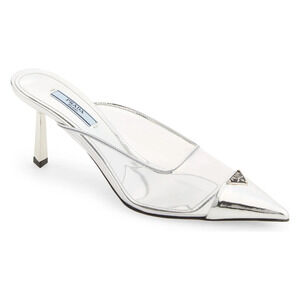 Prada Modellerie Clear PVC Silver Backless Pointed Sandal Mule Heel Pump 37.5